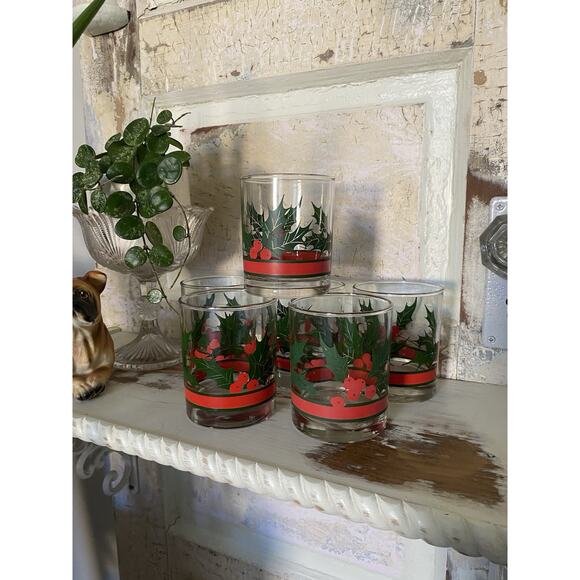 Vintage Libbey Holiday Holly & Berries Double Old Fashioned Christmas Glasses 6 - Picture 1 of 3